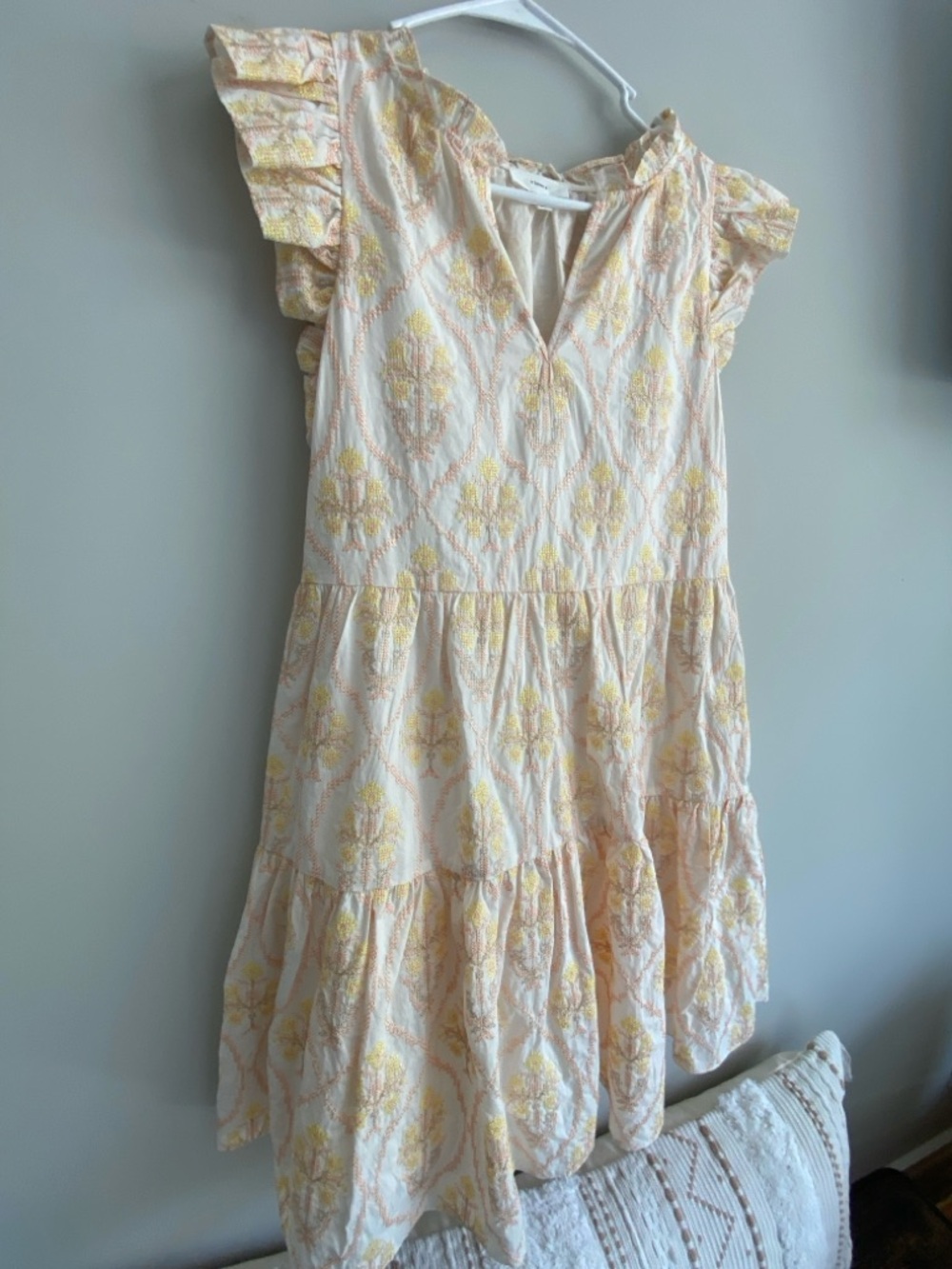 A Loves A Tiered Embroidered Cream and Yellow Floral Mini Dress